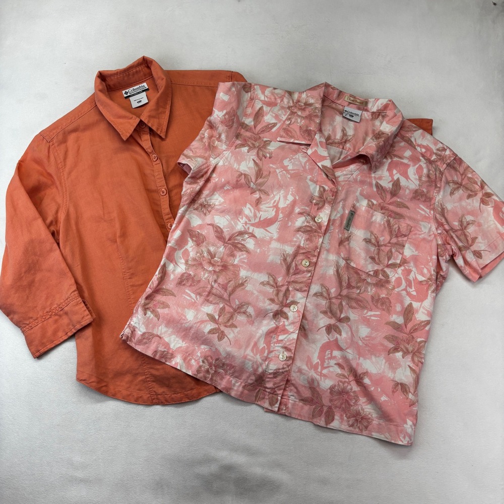 Columbia Button Up Shirt Bundle Women PL Orange Pink Floral 3/4 Short Sleeve Lot